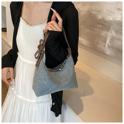 Women’s Denim Armpit Bag – 2025 Trendy Beaded Shoulder & Crossbody Tote