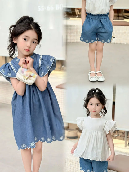 Kids French Style Floral Denim Dress – Summer Cotton Outfit