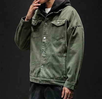 Men’s Black Denim Jacket – Cargo Style, Loose Fit Y2K Outerwear