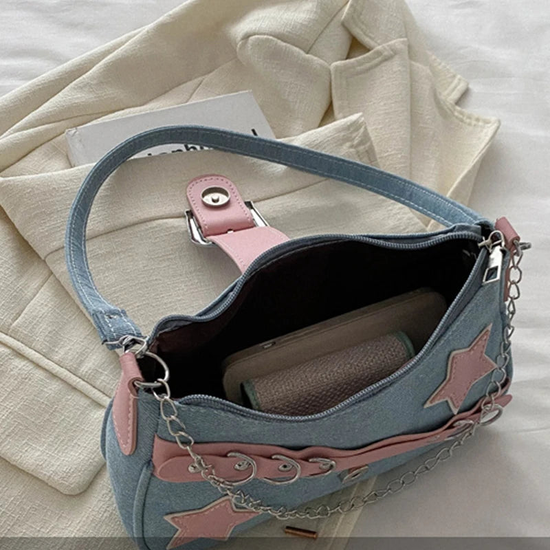Women’s Denim Shoulder Bag – Star Pattern Hobo Tote