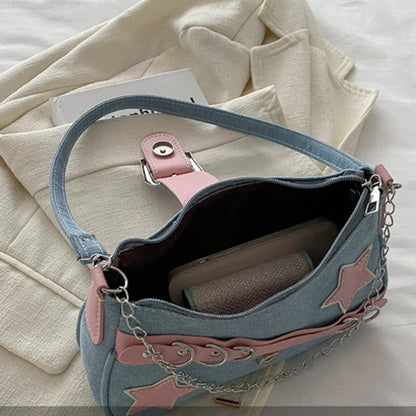 Women’s Denim Shoulder Bag – Star Pattern Hobo Tote