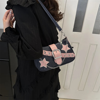 Women’s Denim Shoulder Bag – Star Pattern Hobo Tote