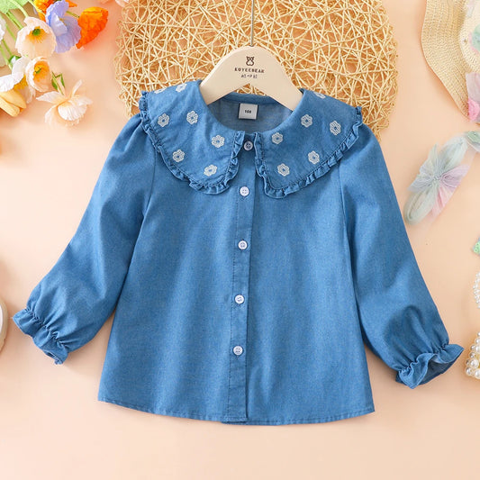 Toddler Girls Ruffled Denim Shirt – Embroidered Long Sleeve Top