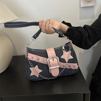 Women’s Denim Shoulder Bag – Star Pattern Hobo Tote