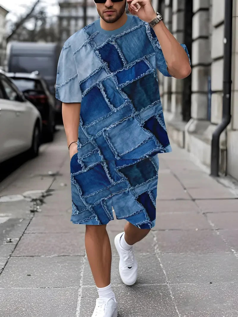 Denim Graphic T-Shirt & Shorts Set