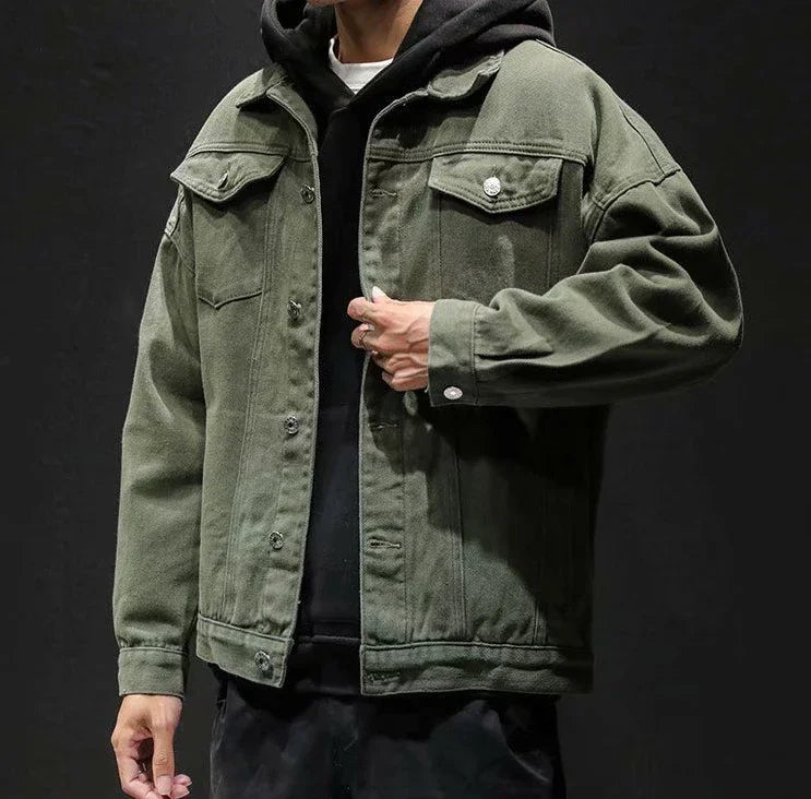 Men’s Black Denim Jacket – Cargo Style, Loose Fit Y2K Outerwear