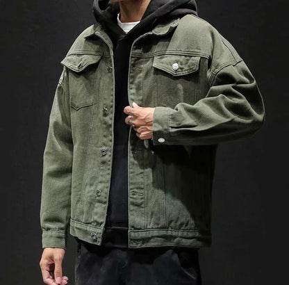Men’s Black Denim Jacket – Cargo Style, Loose Fit Y2K Outerwear