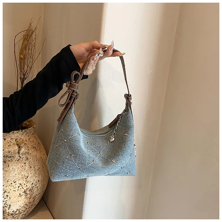 Women’s Denim Armpit Bag – 2025 Trendy Beaded Shoulder & Crossbody Tote