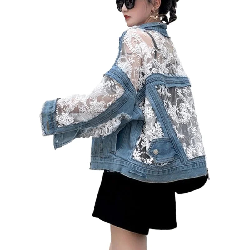 Embroidered Mesh Denim Jacket
