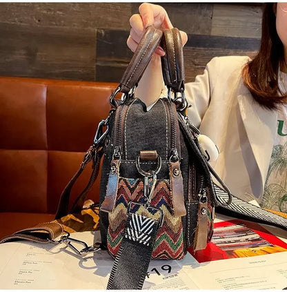 Women’s Denim Embroidered Backpack – Retro Ethnic Crossbody Bag