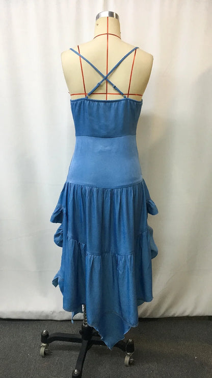 Women’s Retro Western Denim Midi Dress – Flare Ruffle Skirt