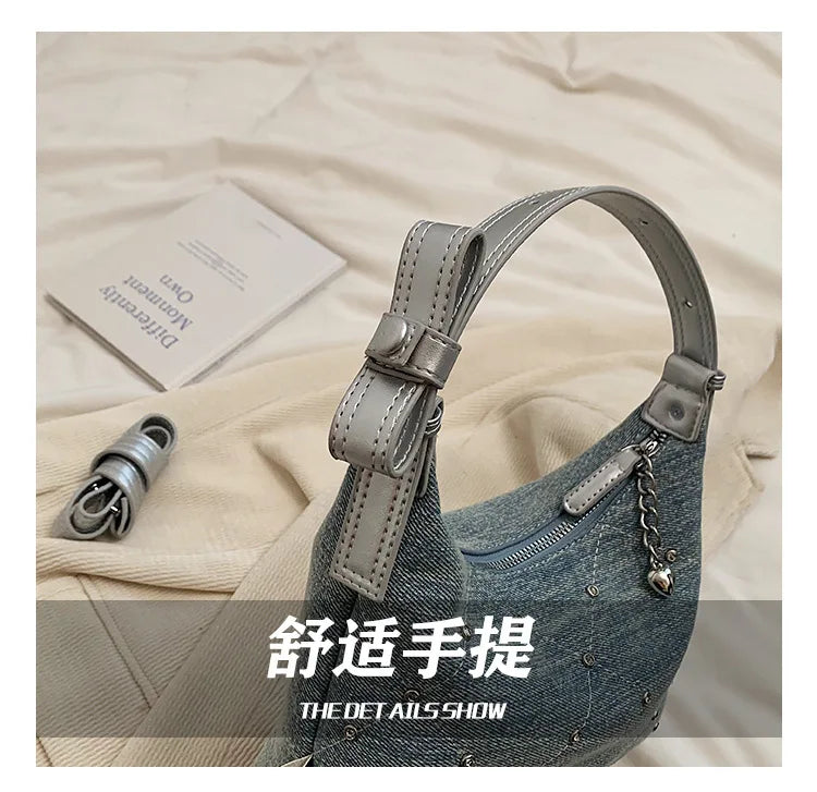 Women’s Denim Armpit Bag – 2025 Trendy Beaded Shoulder & Crossbody Tote