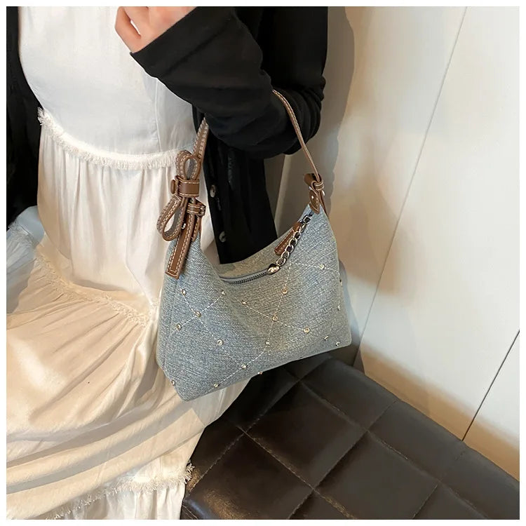 Women’s Denim Armpit Bag – 2025 Trendy Beaded Shoulder & Crossbody Tote