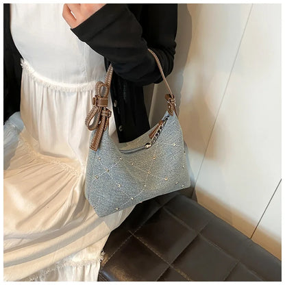 Women’s Denim Armpit Bag – 2025 Trendy Beaded Shoulder & Crossbody Tote