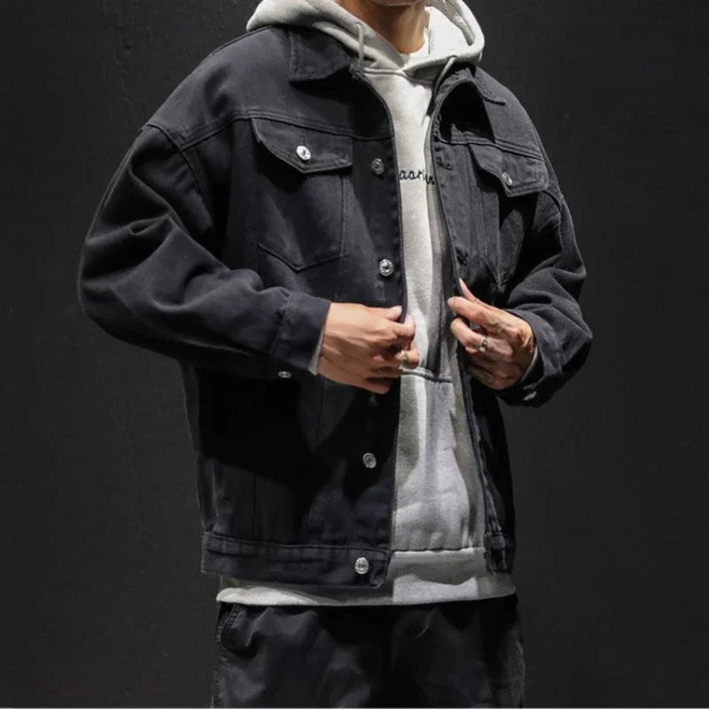 Men’s Black Denim Jacket – Cargo Style, Loose Fit Y2K Outerwear