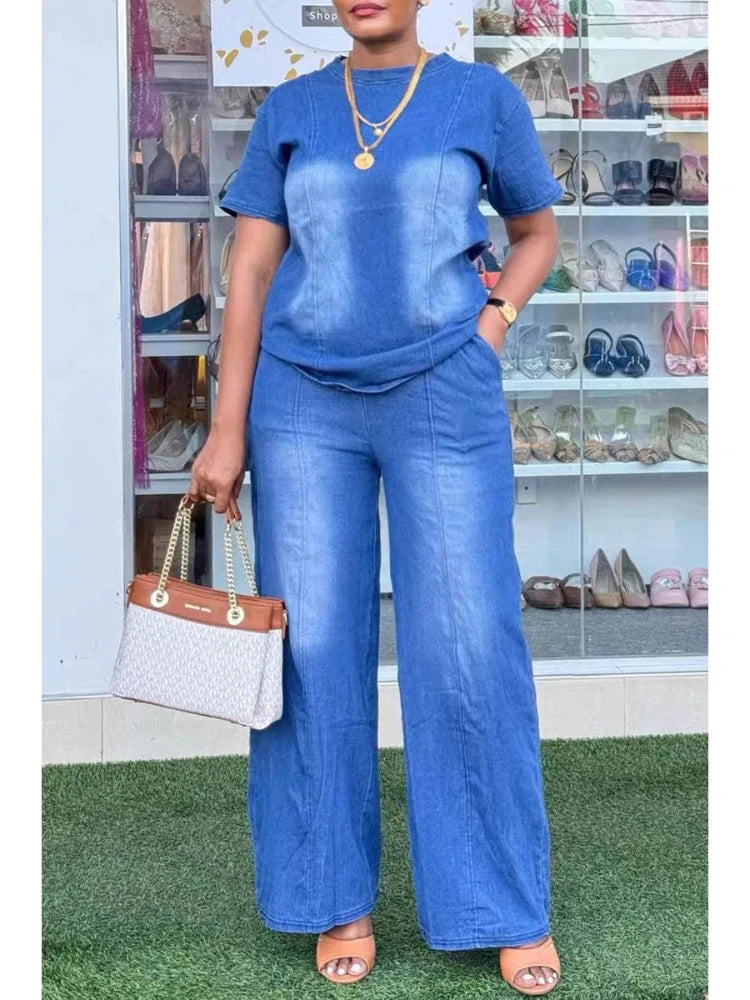 Women’s Denim Top & Wide Leg Pants Set