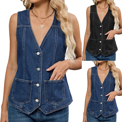 Women’s Denim Vest – Slim-Fit Cropped Sleeveless Top