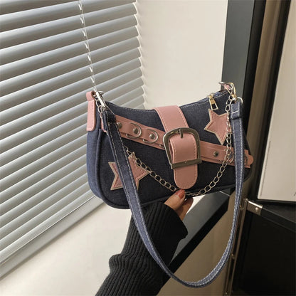 Women’s Denim Shoulder Bag – Star Pattern Hobo Tote