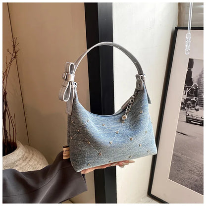 Women’s Denim Armpit Bag – 2025 Trendy Beaded Shoulder & Crossbody Tote