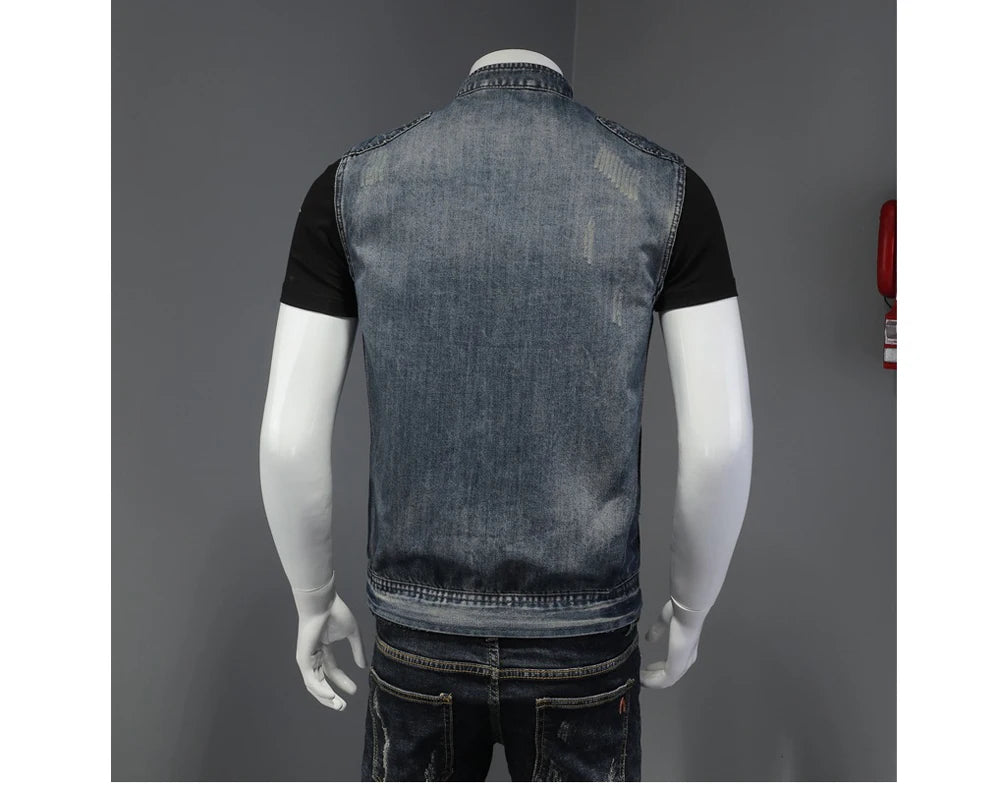 Men’s Denim Vest – Vintage Ripped Punk Jean Waistcoat