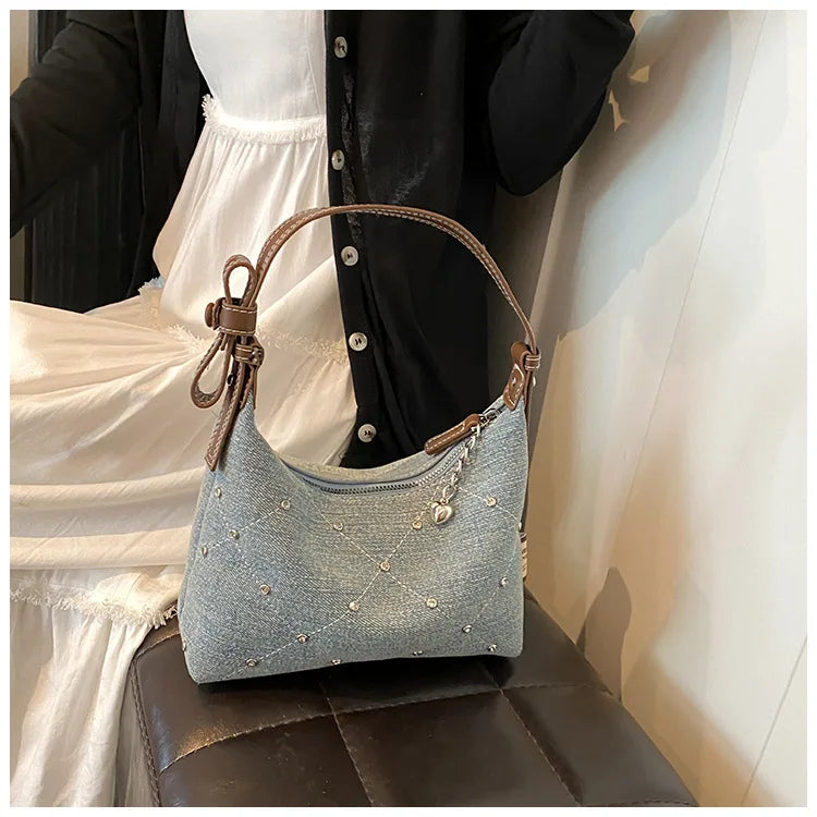 Women’s Denim Armpit Bag – 2025 Trendy Beaded Shoulder & Crossbody Tote