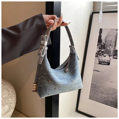 Women’s Denim Armpit Bag – 2025 Trendy Beaded Shoulder & Crossbody Tote