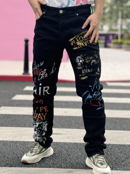 Men’s Graffiti Denim Jeans – Casual Slim Fit, All-Season Wear