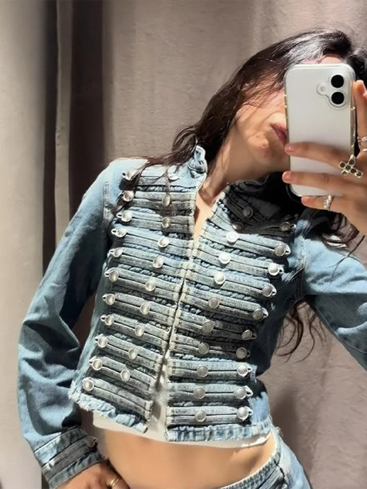 Military Style Denim Jacket & Pants Set