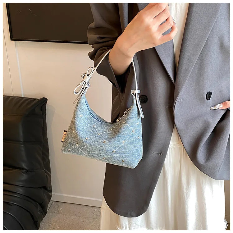 Women’s Denim Armpit Bag – 2025 Trendy Beaded Shoulder & Crossbody Tote