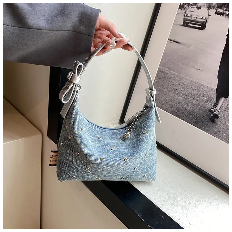Women’s Denim Armpit Bag – 2025 Trendy Beaded Shoulder & Crossbody Tote