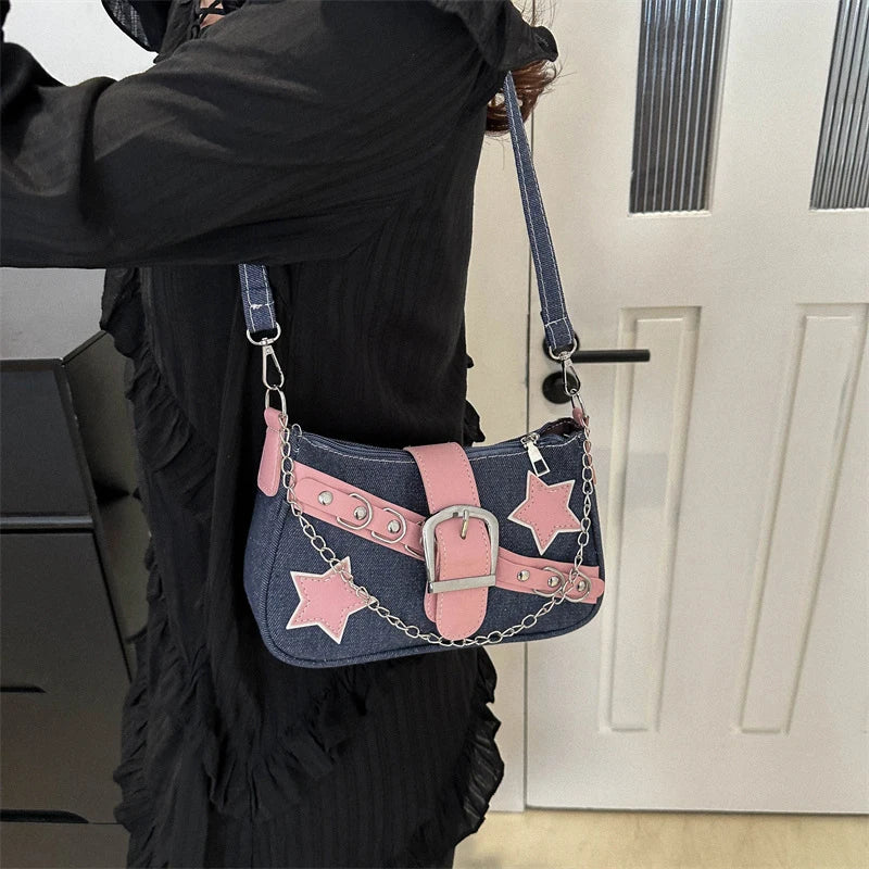 Women’s Denim Shoulder Bag – Star Pattern Hobo Tote