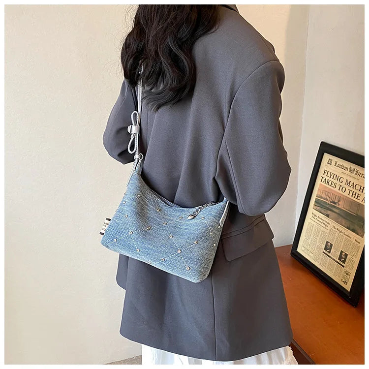 Women’s Denim Armpit Bag – 2025 Trendy Beaded Shoulder & Crossbody Tote