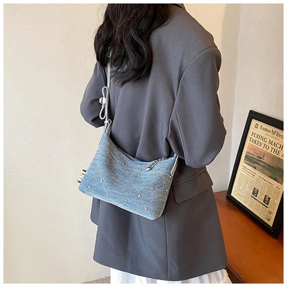 Women’s Denim Armpit Bag – 2025 Trendy Beaded Shoulder & Crossbody Tote