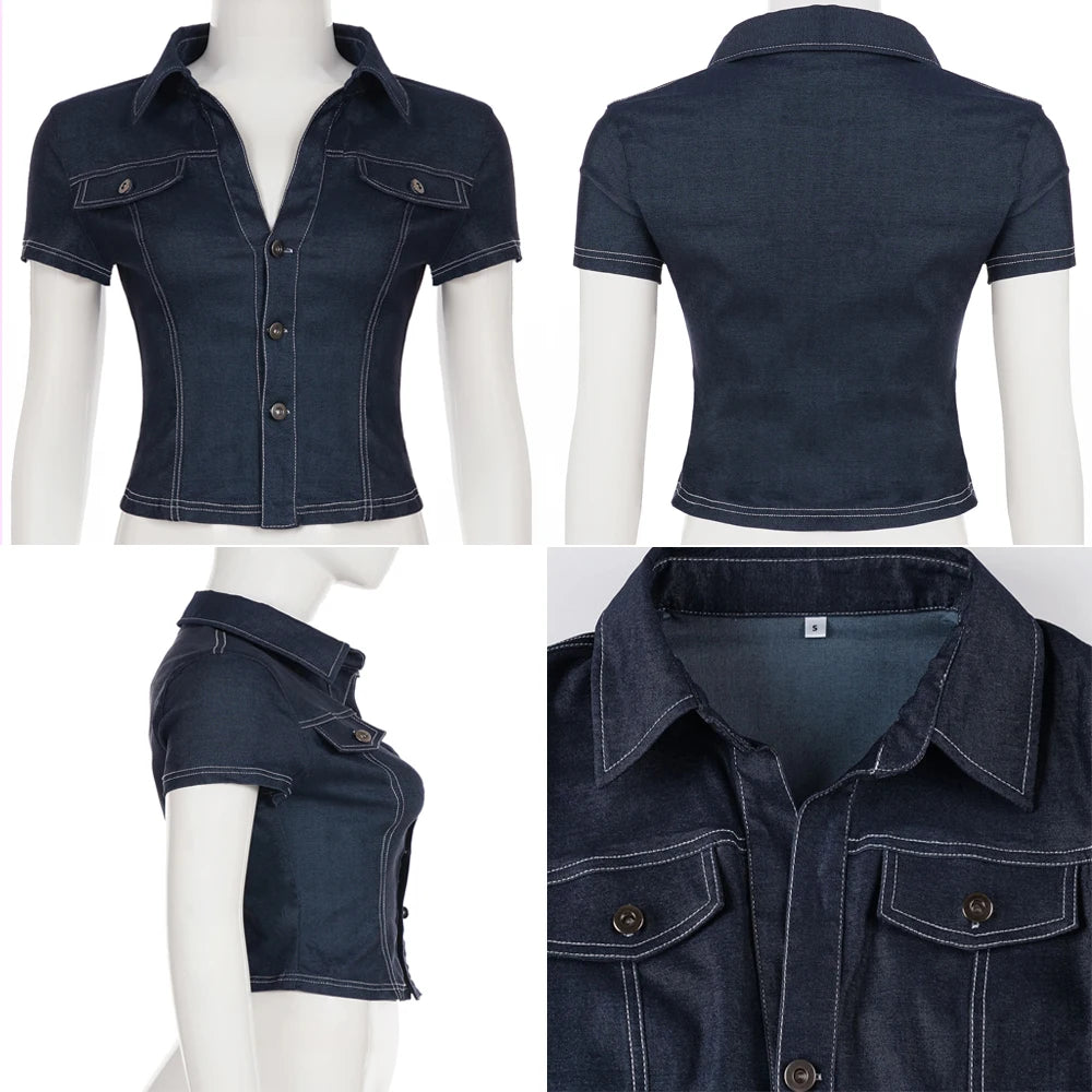 Retro Lapel Denim Top