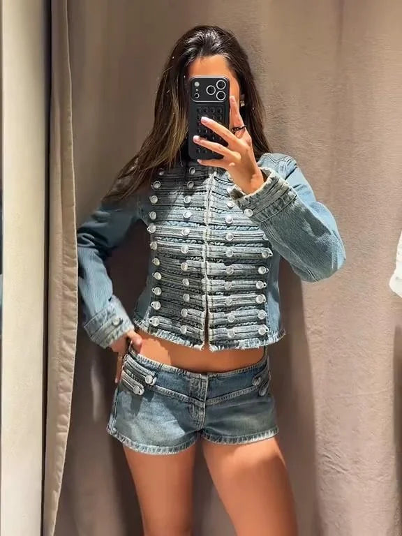 Military Style Denim Jacket & Pants Set