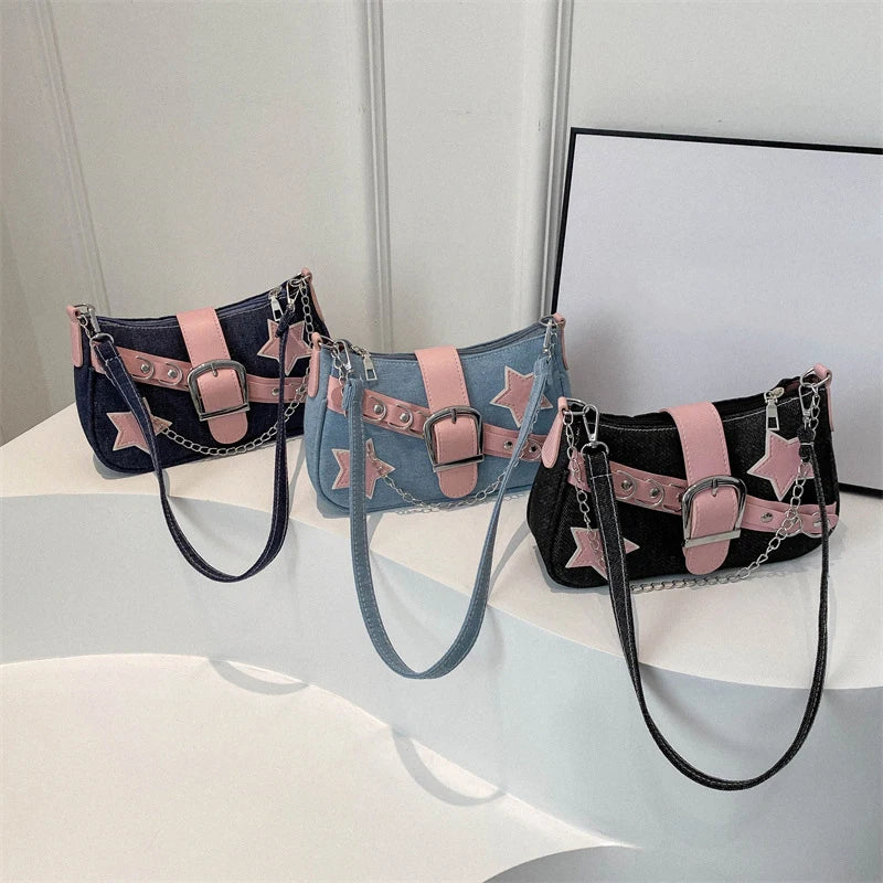 Women’s Denim Shoulder Bag – Star Pattern Hobo Tote