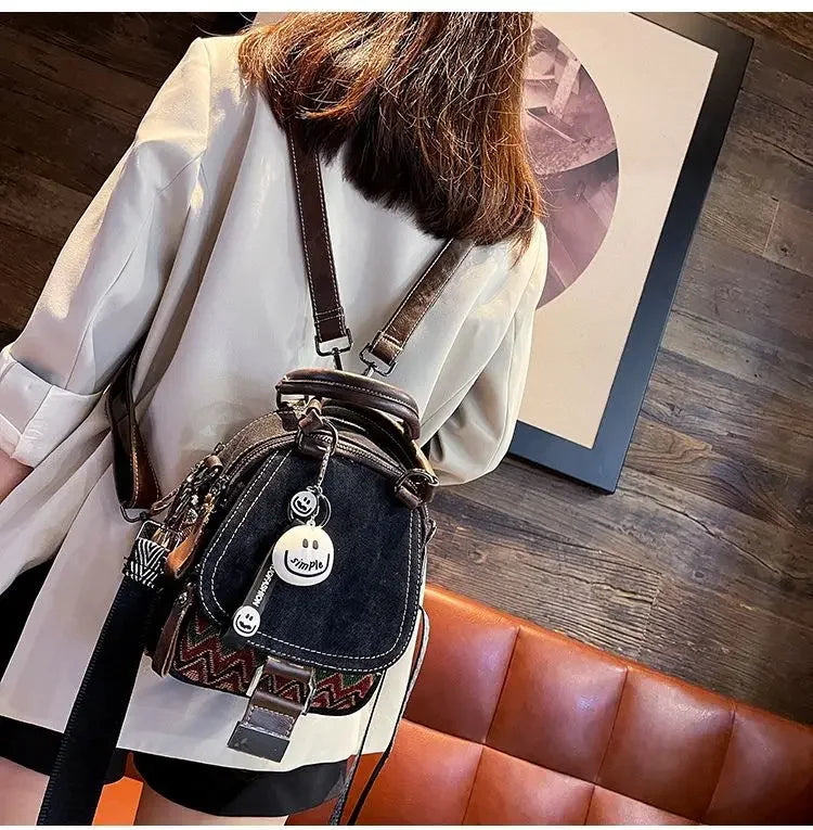 Women’s Denim Embroidered Backpack – Retro Ethnic Crossbody Bag