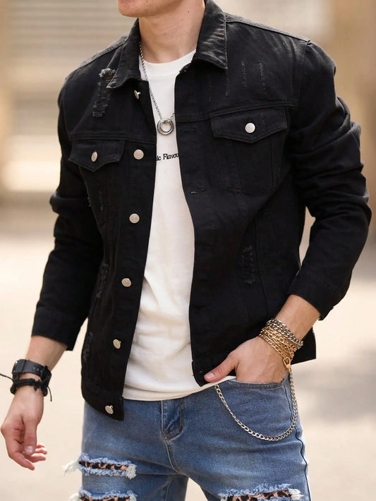 Men’s Slim-Fit Denim Jacket – Casual Ripped Coat for Spring & Autumn