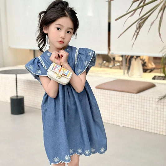 Kids French Style Floral Denim Dress – Summer Cotton Outfit