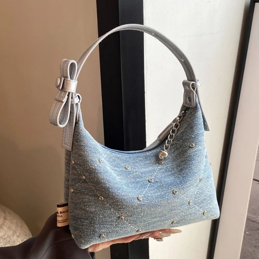 Women’s Denim Armpit Bag – 2025 Trendy Beaded Shoulder & Crossbody Tote