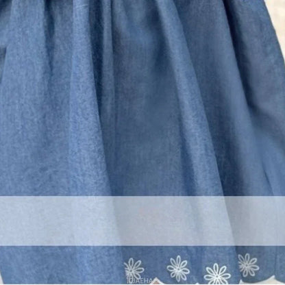 Kids French Style Floral Denim Dress – Summer Cotton Outfit