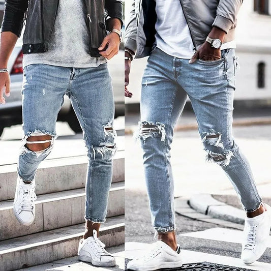 Men’s Distressed Slim Denim Pants – Elastic Waist Casual Jeans