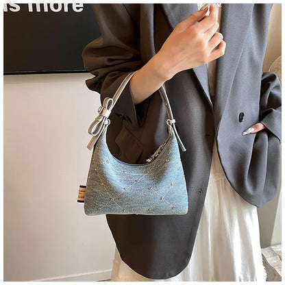 Women’s Denim Armpit Bag – 2025 Trendy Beaded Shoulder & Crossbody Tote