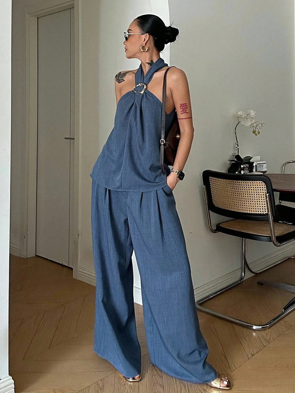Halter Denim Top & Wide Leg Pants Set