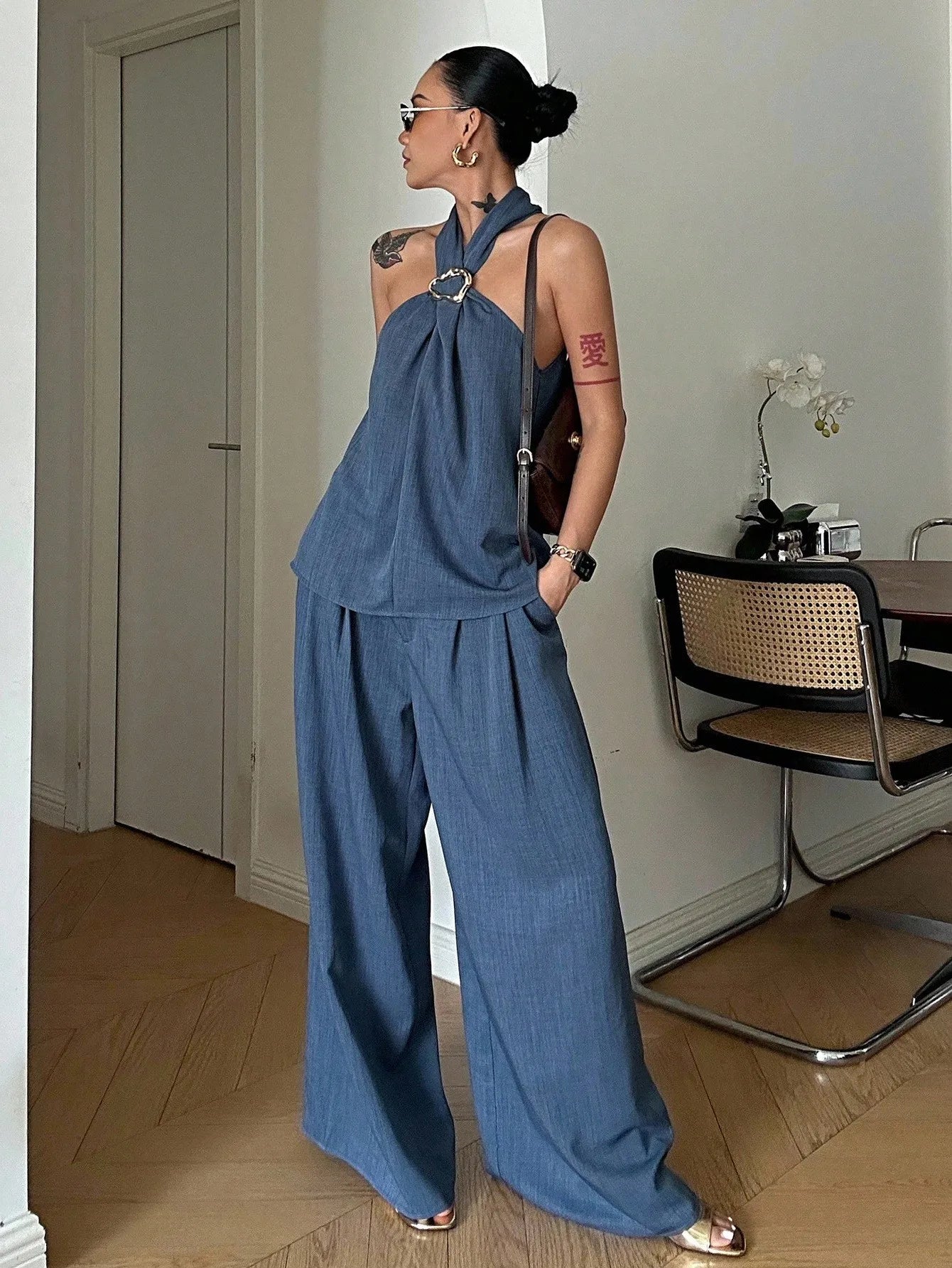 Halter Denim Top & Wide Leg Pants Set