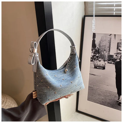 Women’s Denim Armpit Bag – 2025 Trendy Beaded Shoulder & Crossbody Tote