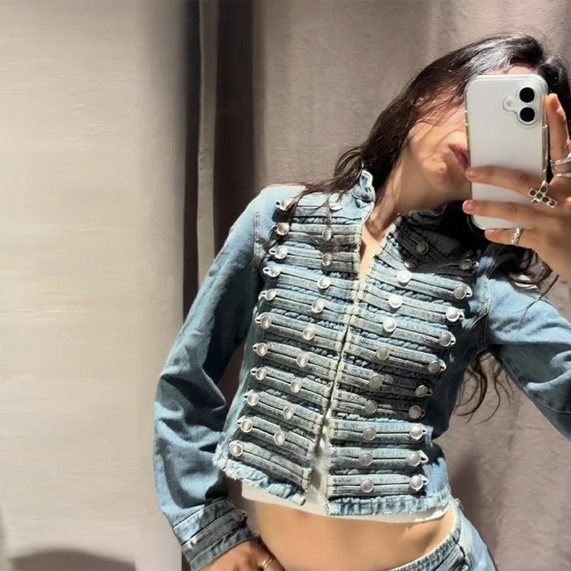 Military Style Denim Jacket & Pants Set