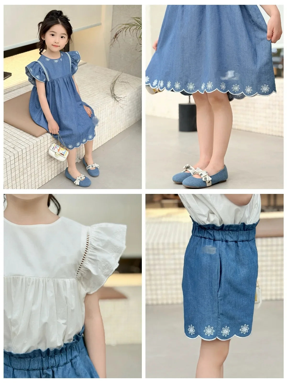 Kids French Style Floral Denim Dress – Summer Cotton Outfit