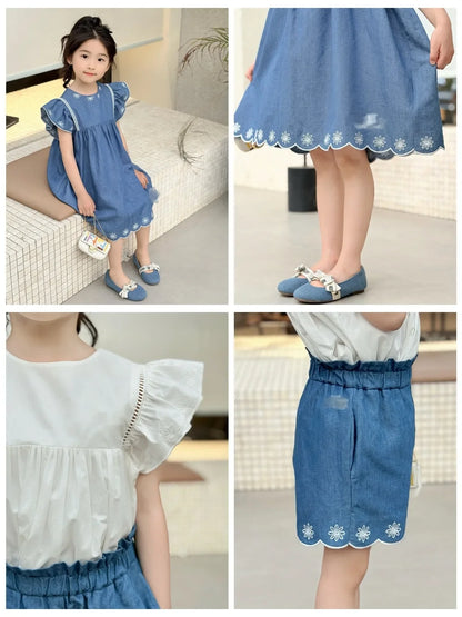Kids French Style Floral Denim Dress – Summer Cotton Outfit