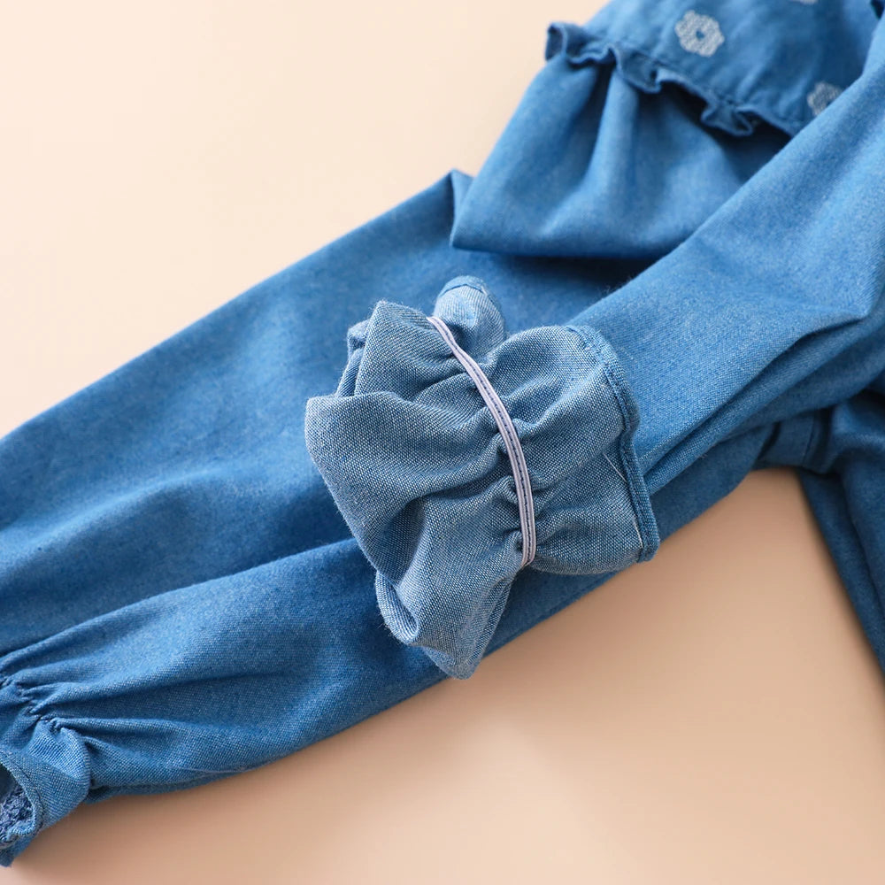 Toddler Girls Ruffled Denim Shirt – Embroidered Long Sleeve Top